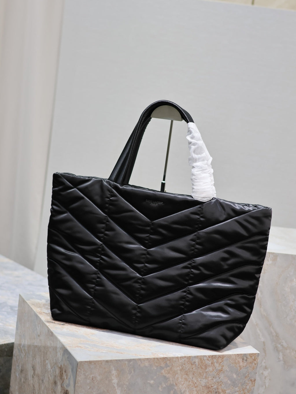 SAINT LAURENT PUFFER LARGE TOTE BAG 57 IN BLACK SILK