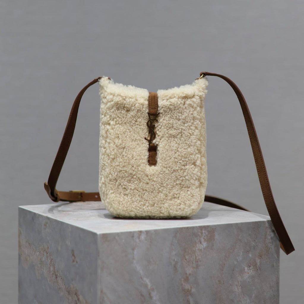 SAINT LAURENT LE 5 À 7 HOBO BAG 18 IN CREAM SHEARLING AND BROWN SUEDE TRIM
