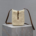 SAINT LAURENT LE 5 À 7 HOBO BAG 18 IN CREAM SHEARLING AND BROWN SUEDE TRIM