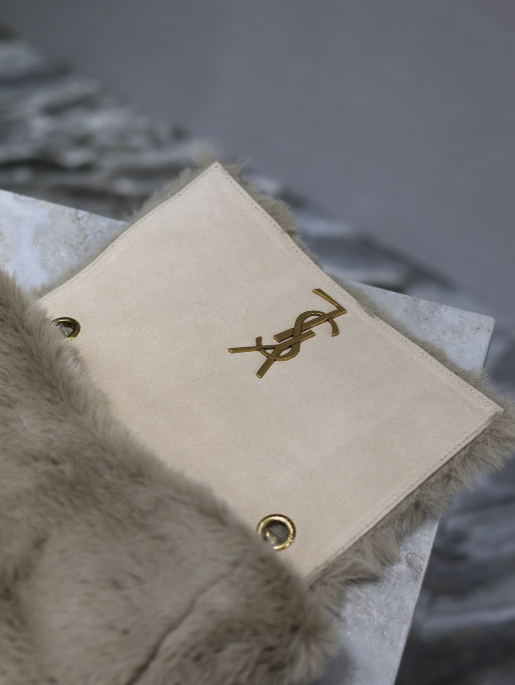SAINT LAURENT KATE SMALL BAG 22 IN ECRU BEIGE RABBIT FUR GOLD CHAIN