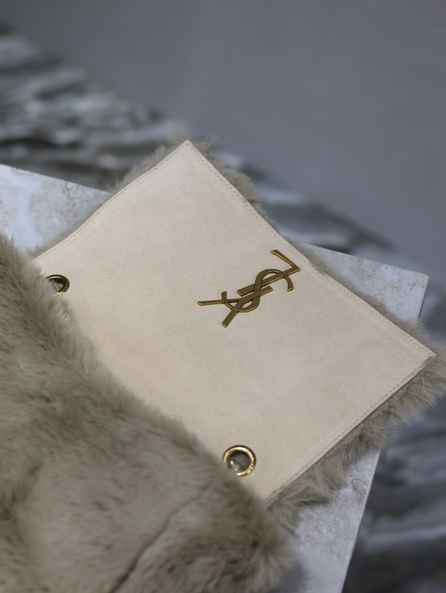 SAINT LAURENT KATE SMALL BAG 22 IN ECRU BEIGE RABBIT FUR GOLD CHAIN