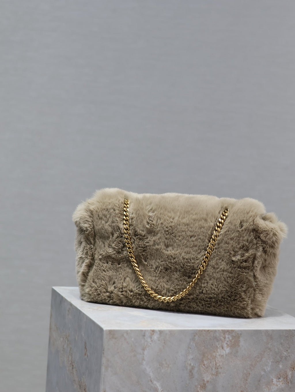 SAINT LAURENT KATE SMALL BAG 22 IN ECRU BEIGE RABBIT FUR GOLD CHAIN