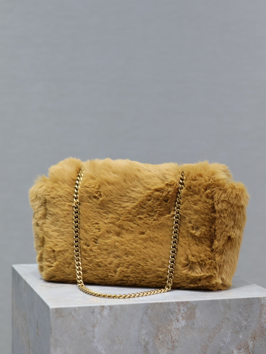 SAINT LAURENT KATE SMALL BAG 22 IN PEANUT BROWN RABBIT FUR GOLD CHAIN
