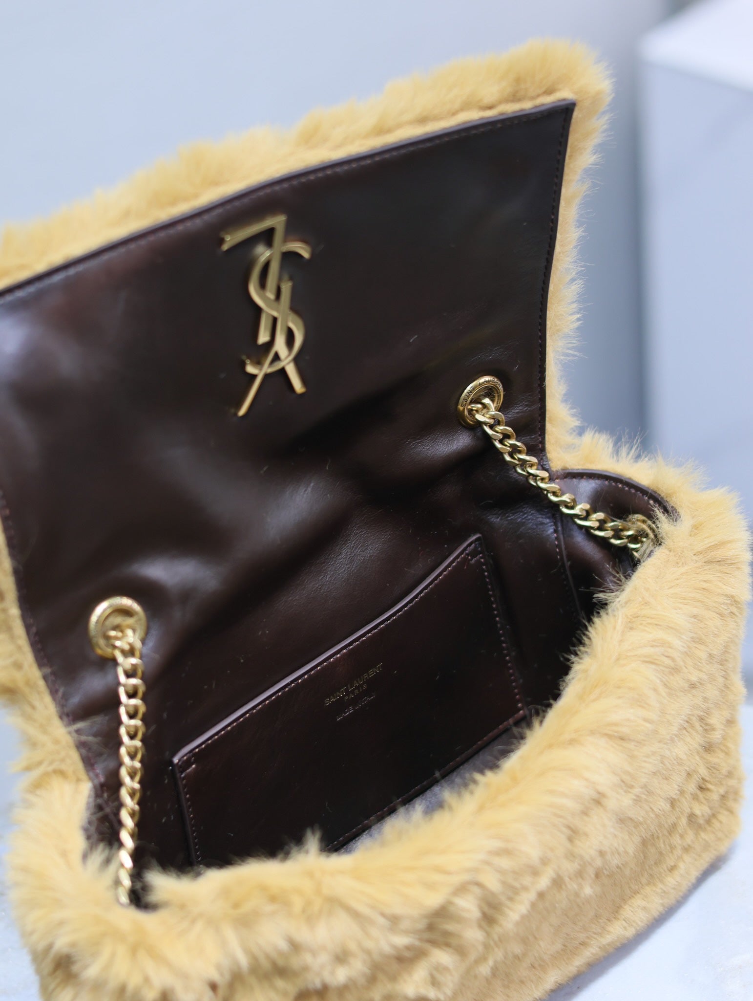 SAINT LAURENT KATE SMALL BAG 22 IN PEANUT BROWN RABBIT FUR GOLD CHAIN