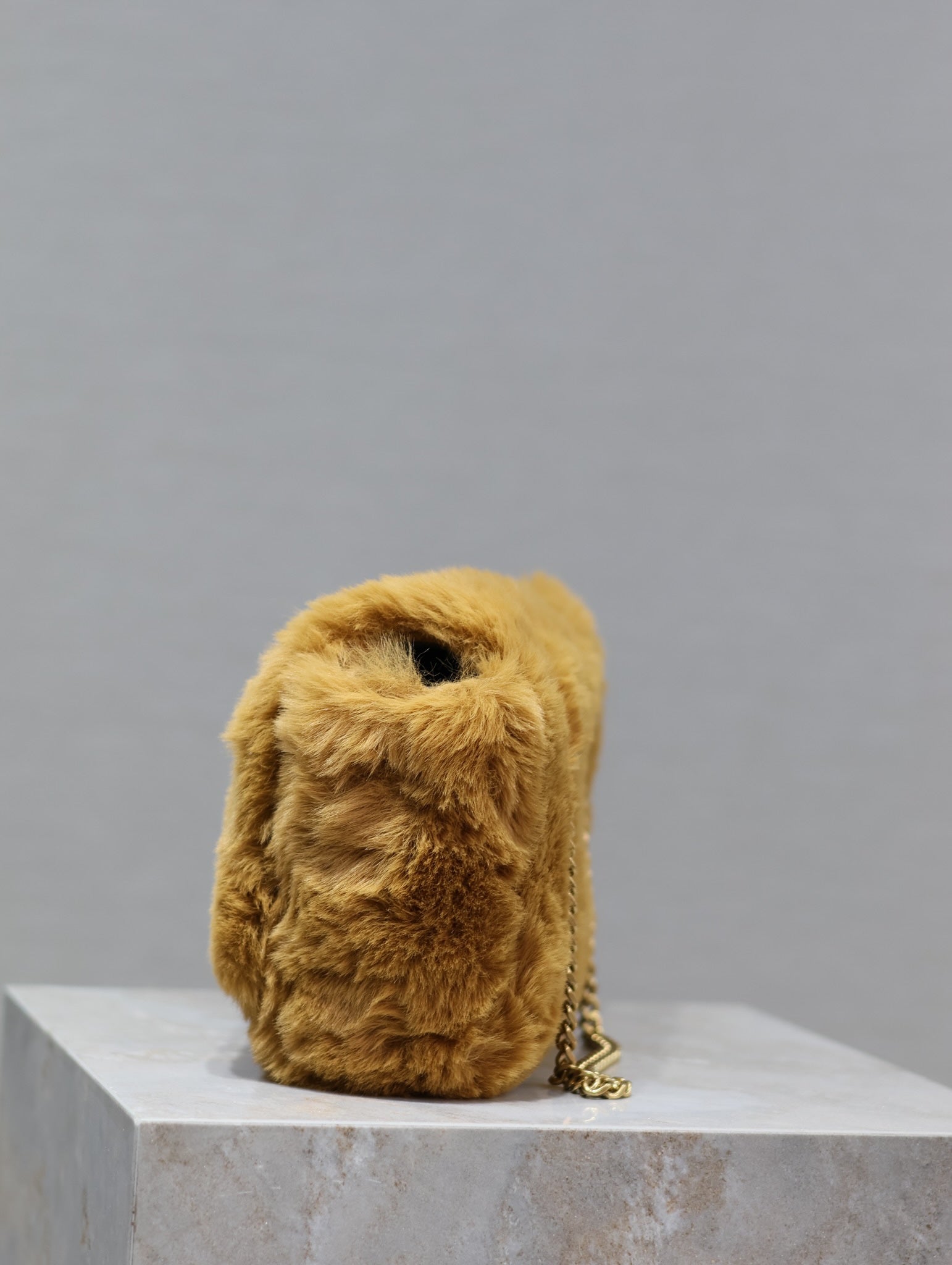 SAINT LAURENT KATE SMALL BAG 22 IN PEANUT BROWN RABBIT FUR GOLD CHAIN