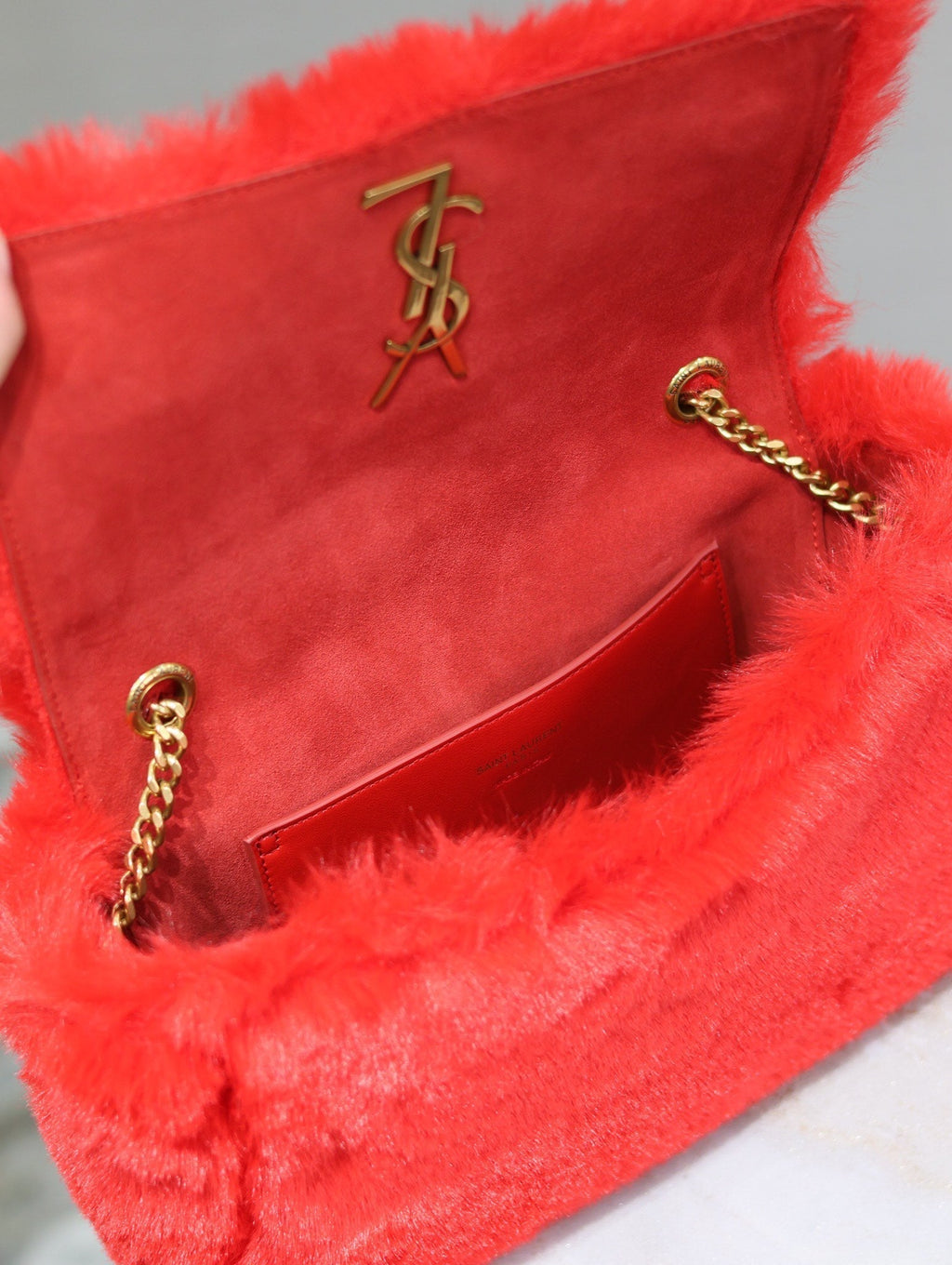 SAINT LAURENT KATE SMALL BAG 22 IN SCARLET RED RABBIT FUR GOLD CHAIN