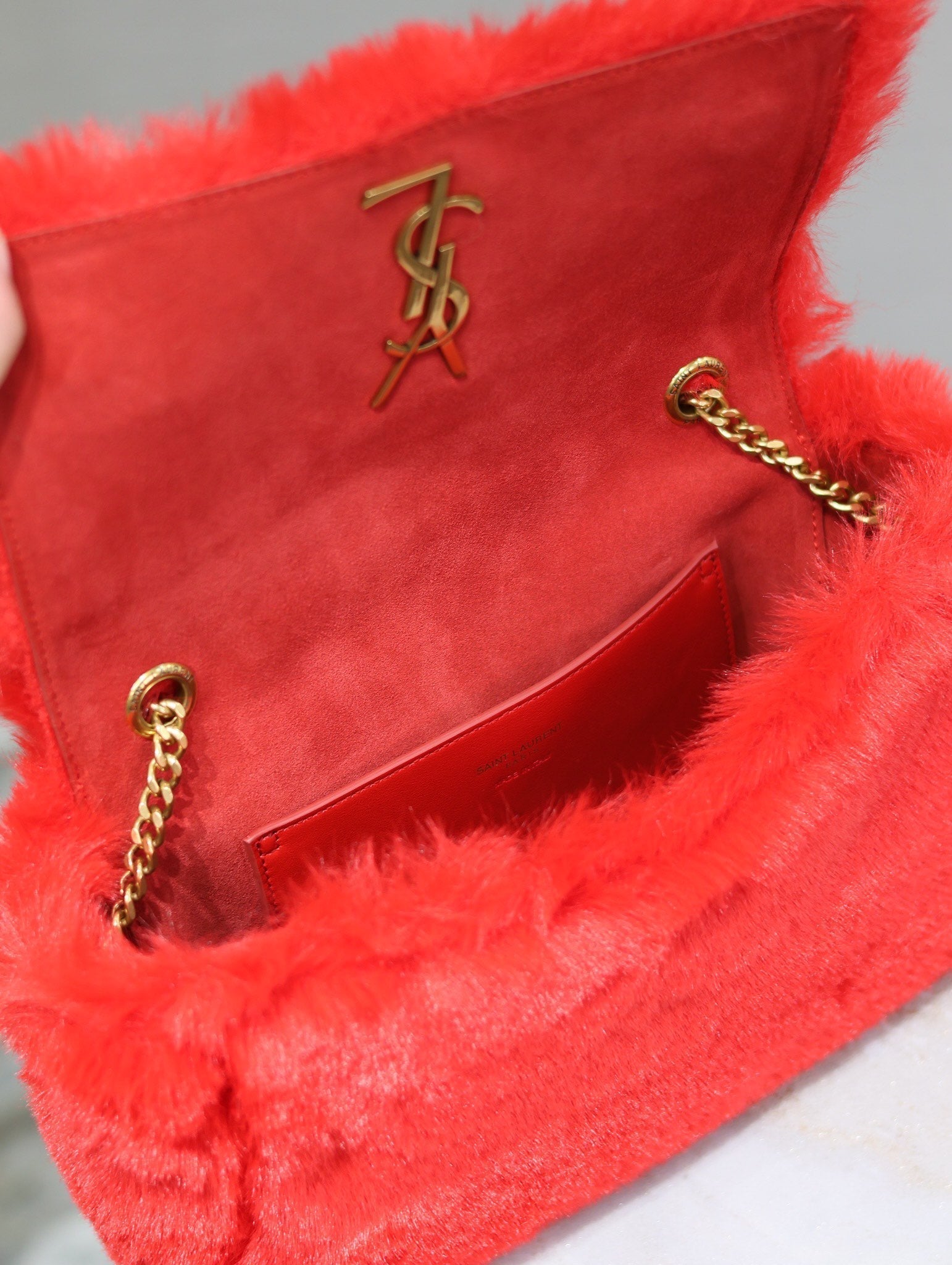 SAINT LAURENT KATE SMALL BAG 22 IN SCARLET RED RABBIT FUR GOLD CHAIN