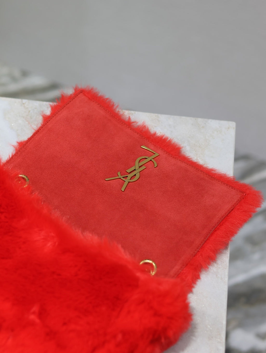 SAINT LAURENT KATE SMALL BAG 22 IN SCARLET RED RABBIT FUR GOLD CHAIN