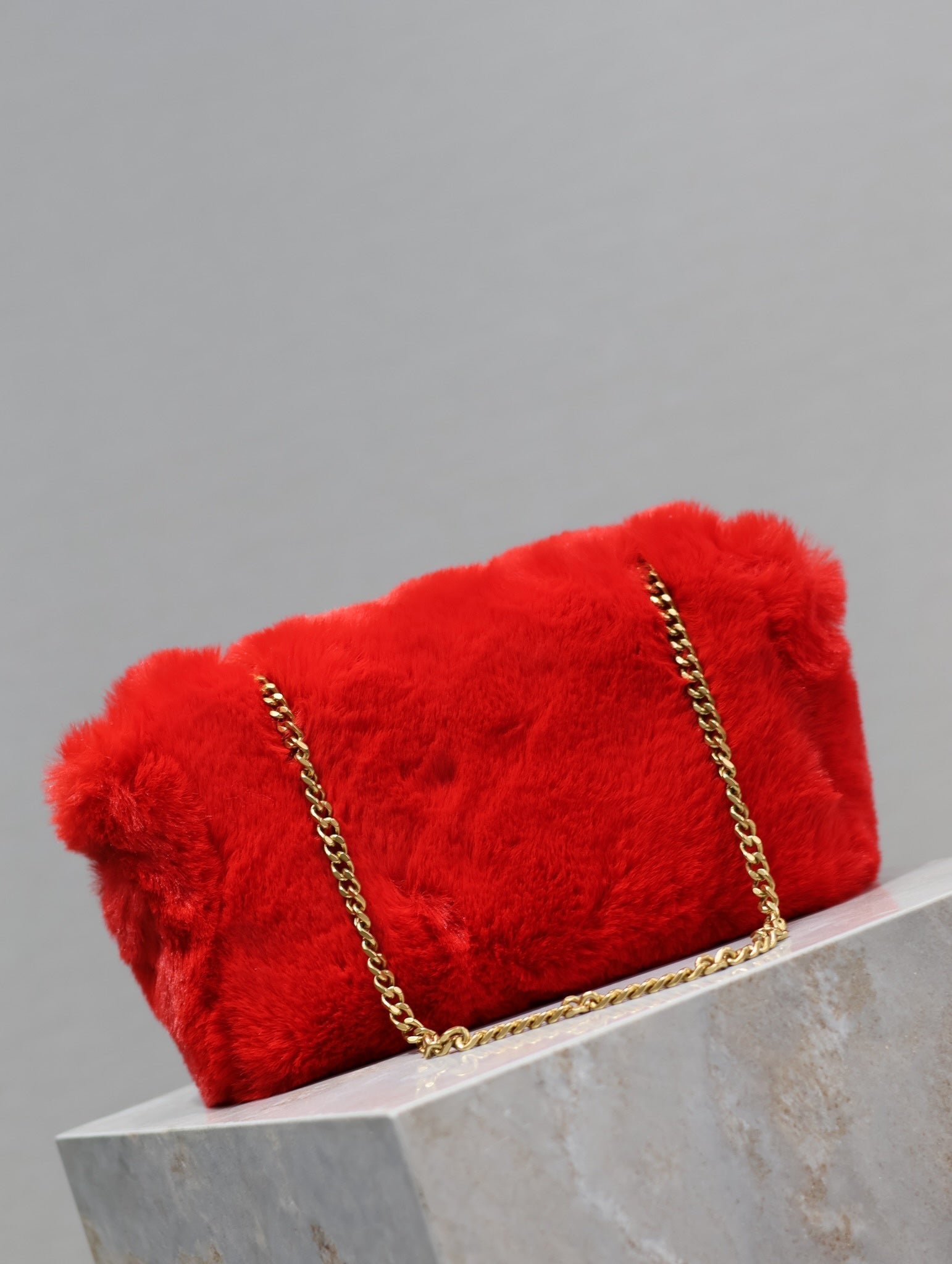 SAINT LAURENT KATE SMALL BAG 22 IN SCARLET RED RABBIT FUR GOLD CHAIN