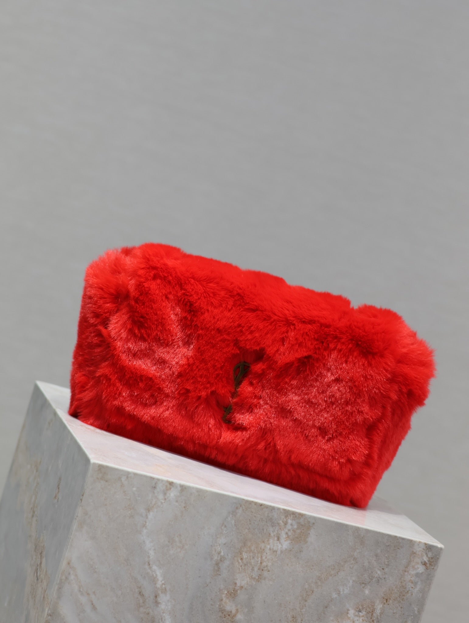 SAINT LAURENT KATE SMALL BAG 22 IN SCARLET RED RABBIT FUR GOLD CHAIN