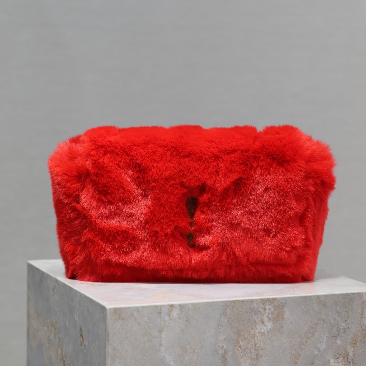 SAINT LAURENT KATE SMALL BAG 22 IN SCARLET RED RABBIT FUR GOLD CHAIN