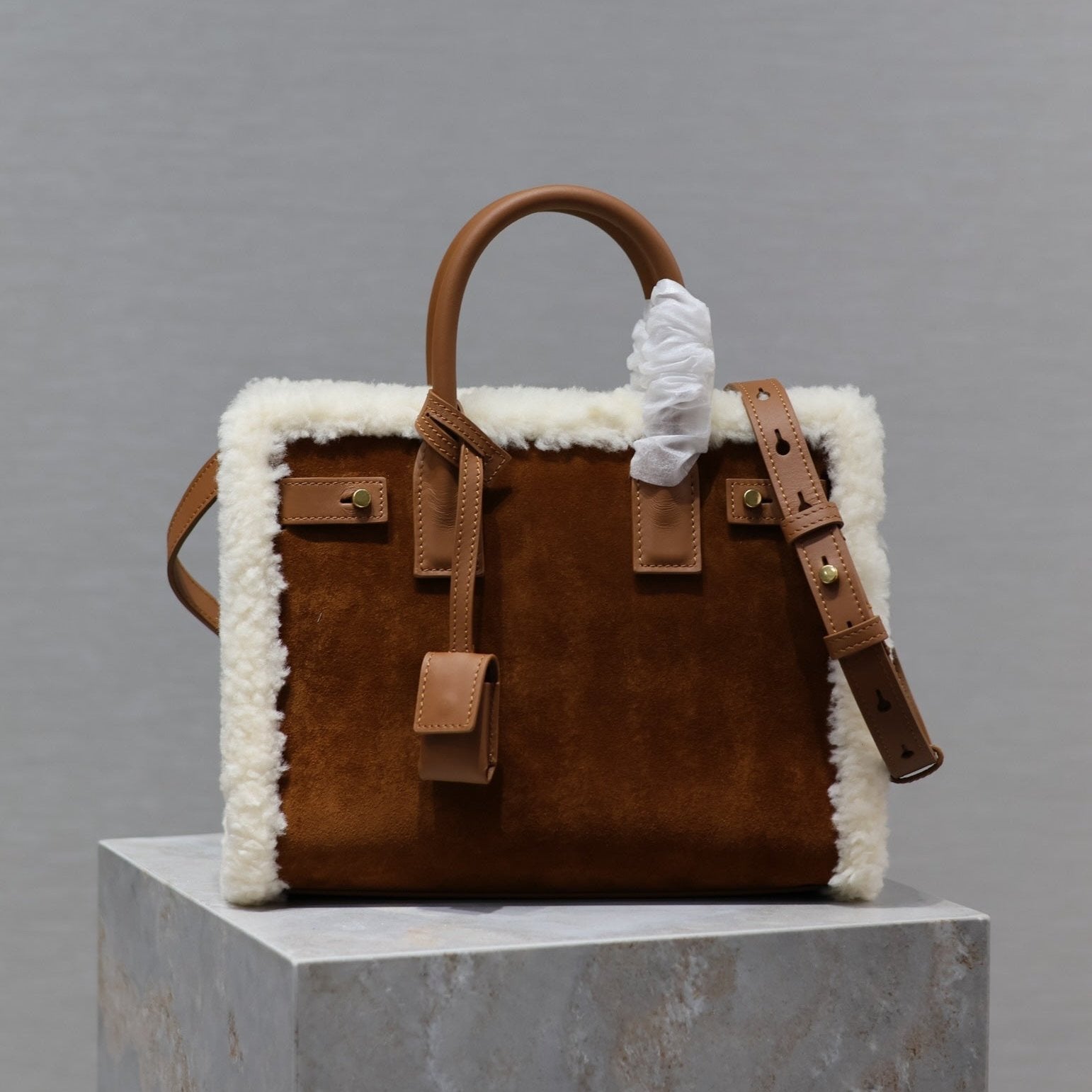 SAINT LAURENT SAC DE JOUR 26 IN BROWN SUEDE AND WHITE SHEARLING TRIM