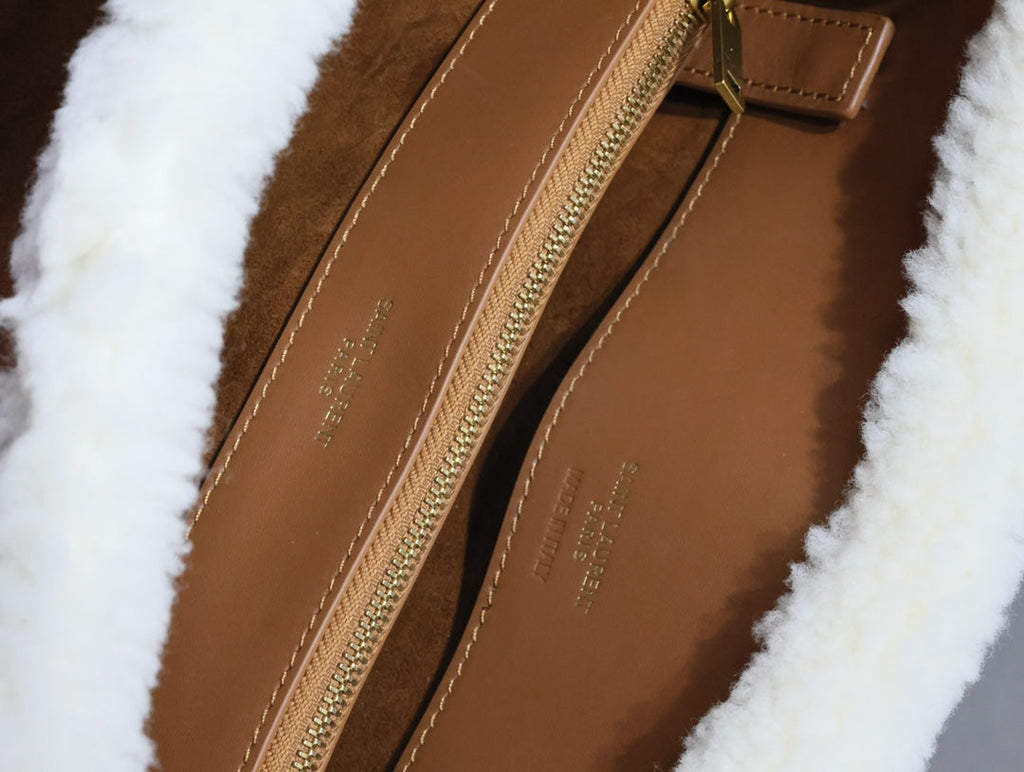 SAINT LAURENT SAC DE JOUR 26 IN BROWN SUEDE AND WHITE SHEARLING TRIM