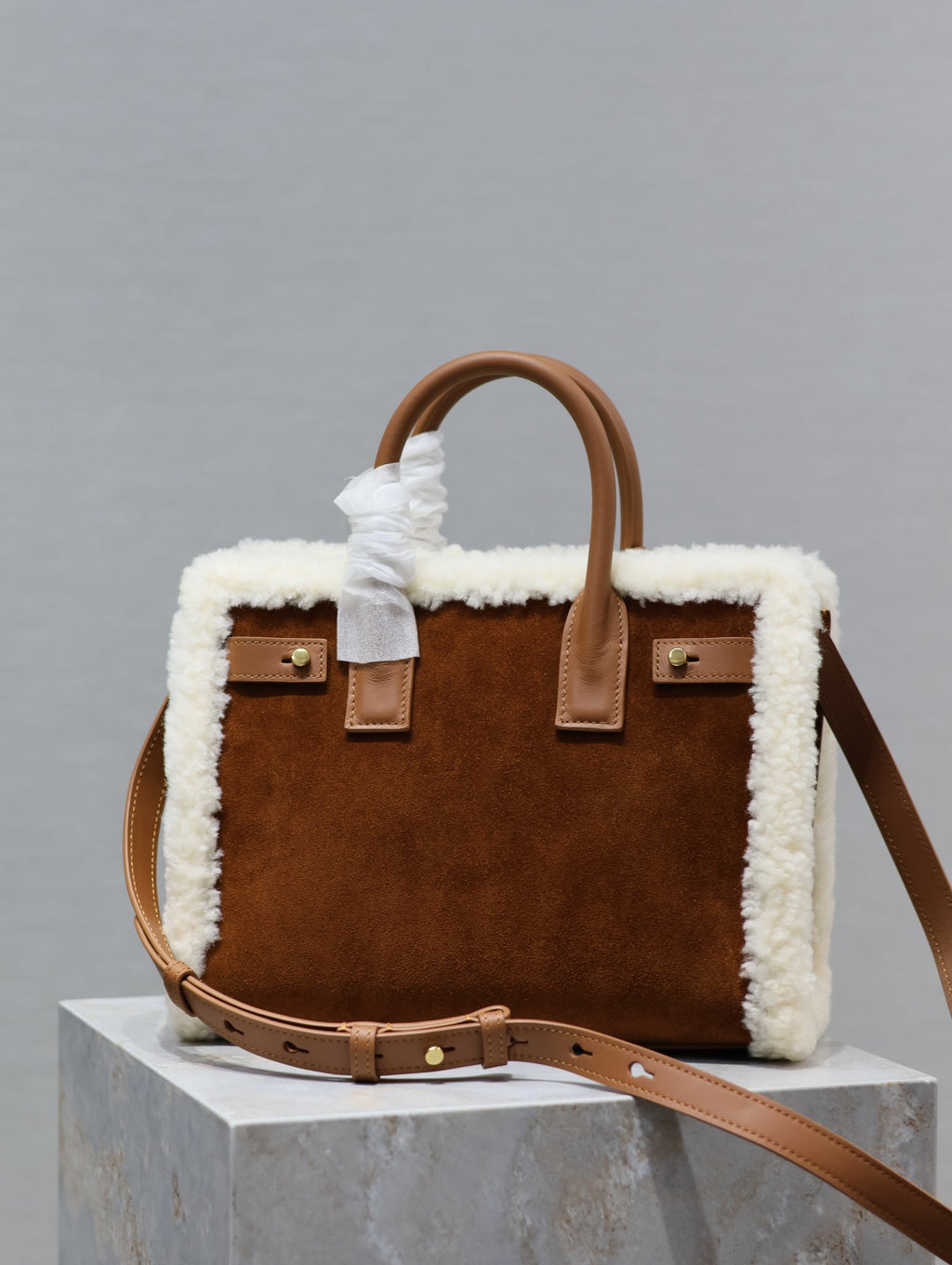 SAINT LAURENT SAC DE JOUR 26 IN BROWN SUEDE AND WHITE SHEARLING TRIM