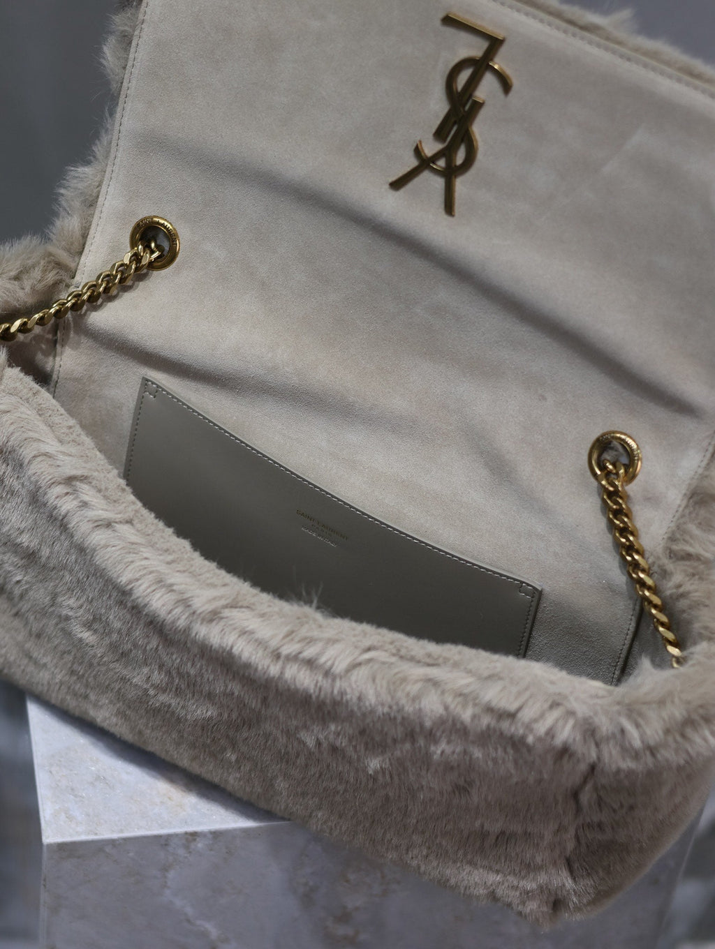 SAINT LAURENT KATE FLAP BAG 28 IN ECRU BEIGE RABBIT FUR GOLD CHAIN