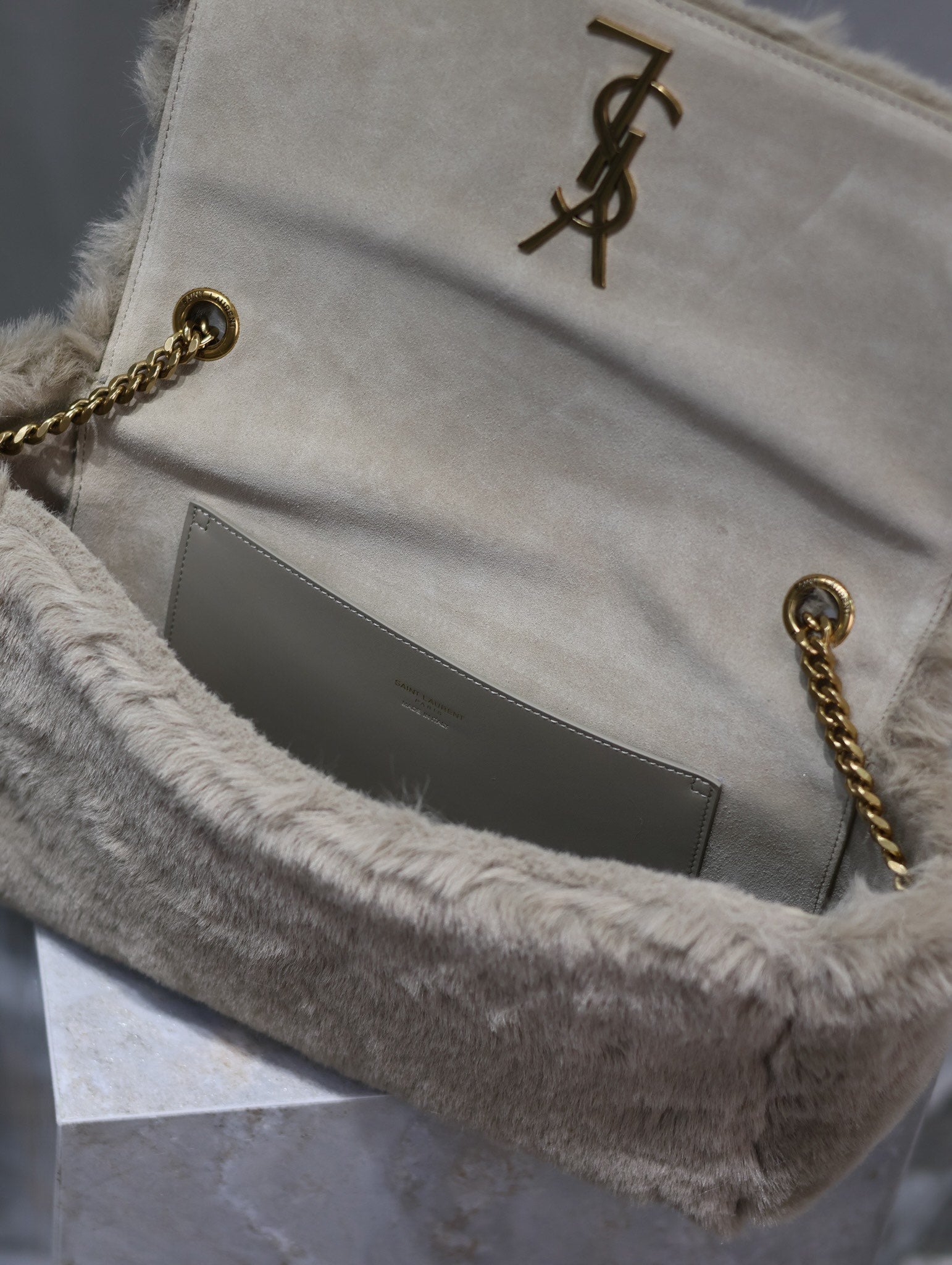 SAINT LAURENT KATE FLAP BAG 28 IN ECRU BEIGE RABBIT FUR GOLD CHAIN