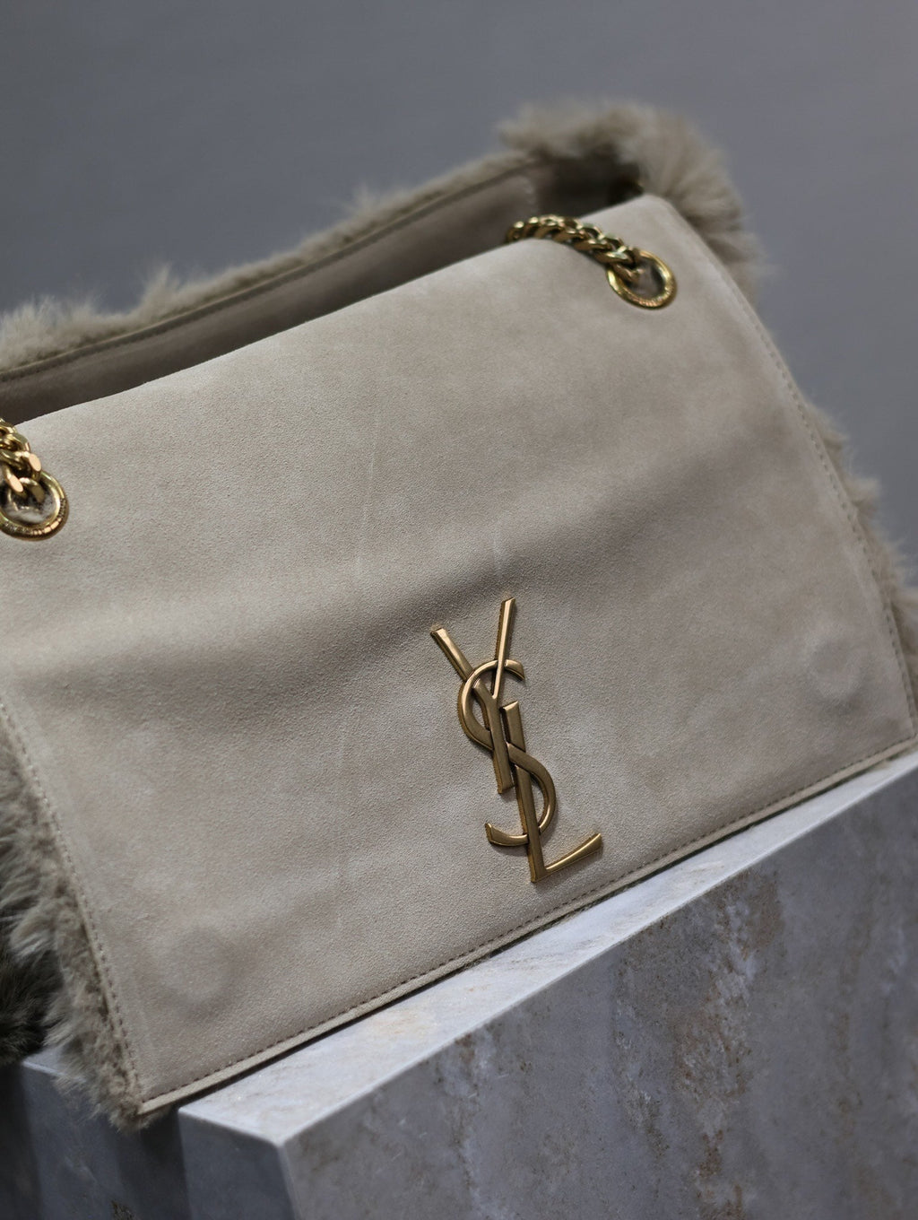 SAINT LAURENT KATE FLAP BAG 28 IN ECRU BEIGE RABBIT FUR GOLD CHAIN