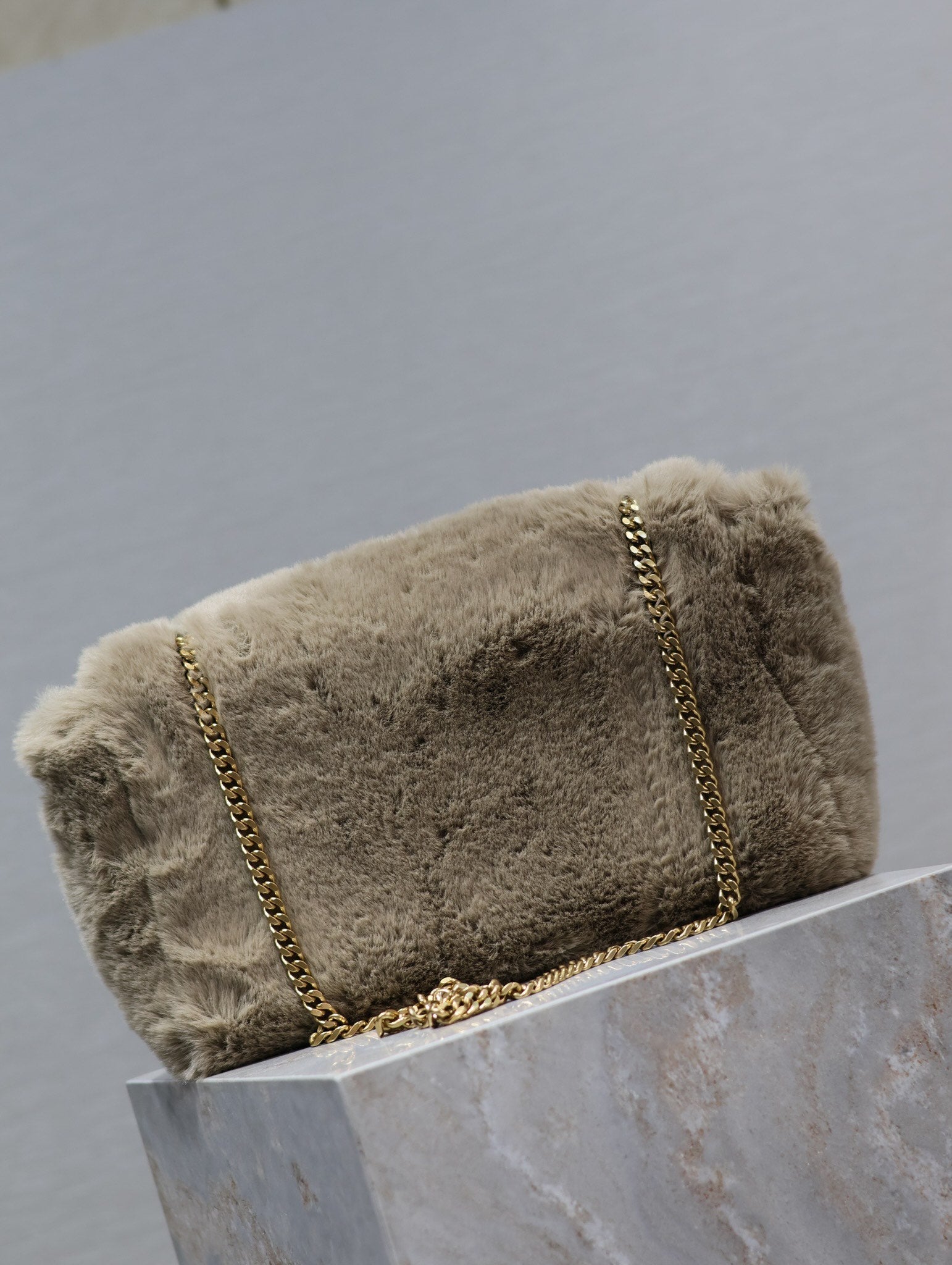 SAINT LAURENT KATE FLAP BAG 28 IN ECRU BEIGE RABBIT FUR GOLD CHAIN