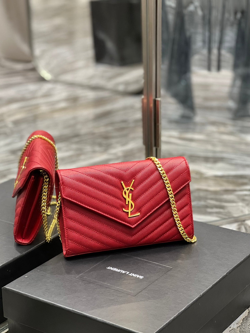 SAINT LAURENT YL WOC 22 RED CHEVERON CAVIAR GOLD HARDWARE