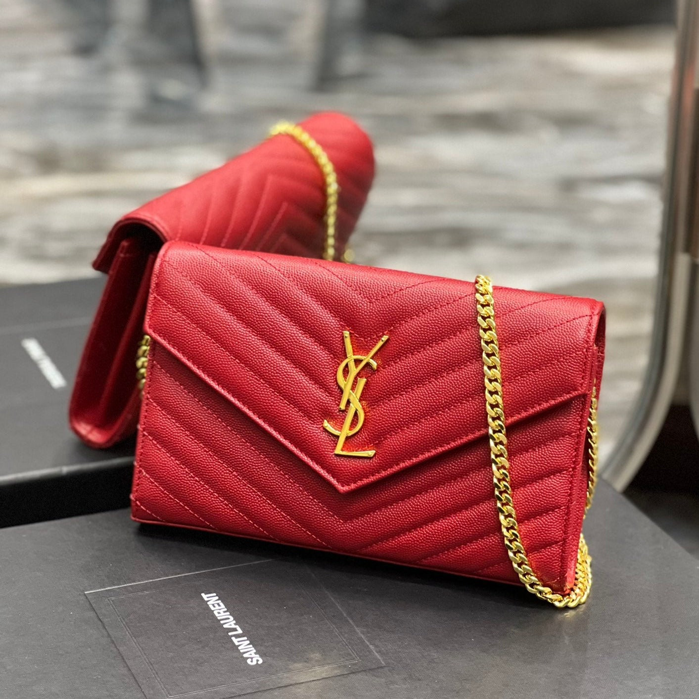 SAINT LAURENT YL WOC 22 RED CHEVERON CAVIAR GOLD HARDWARE