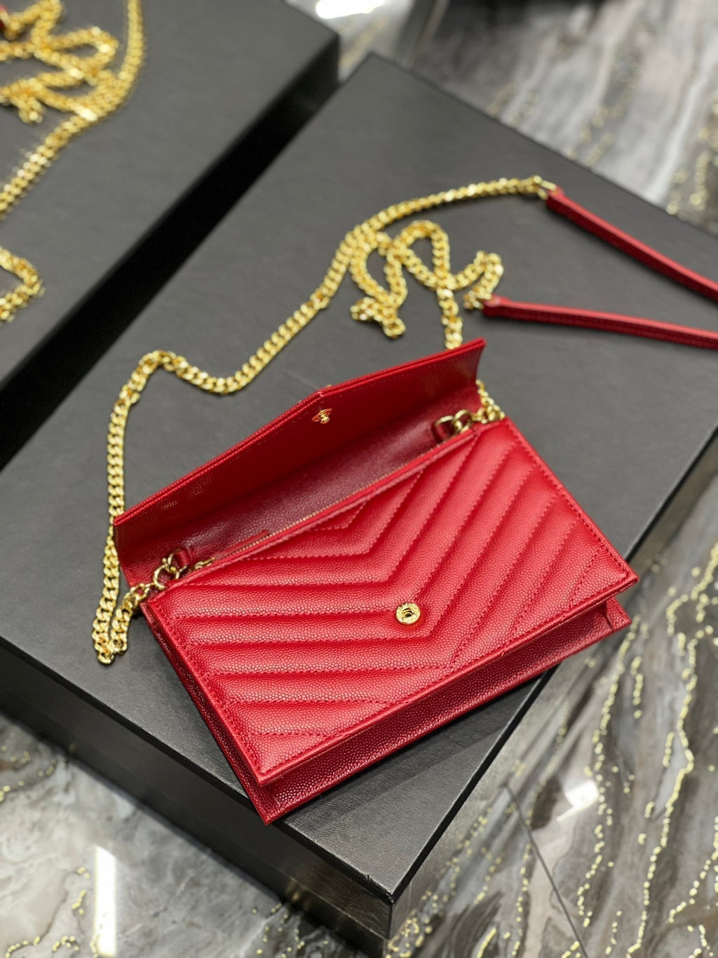 SAINT LAURENT YL WOC 19 RED CHEVERON CAVIAR GOLD HARDWARE