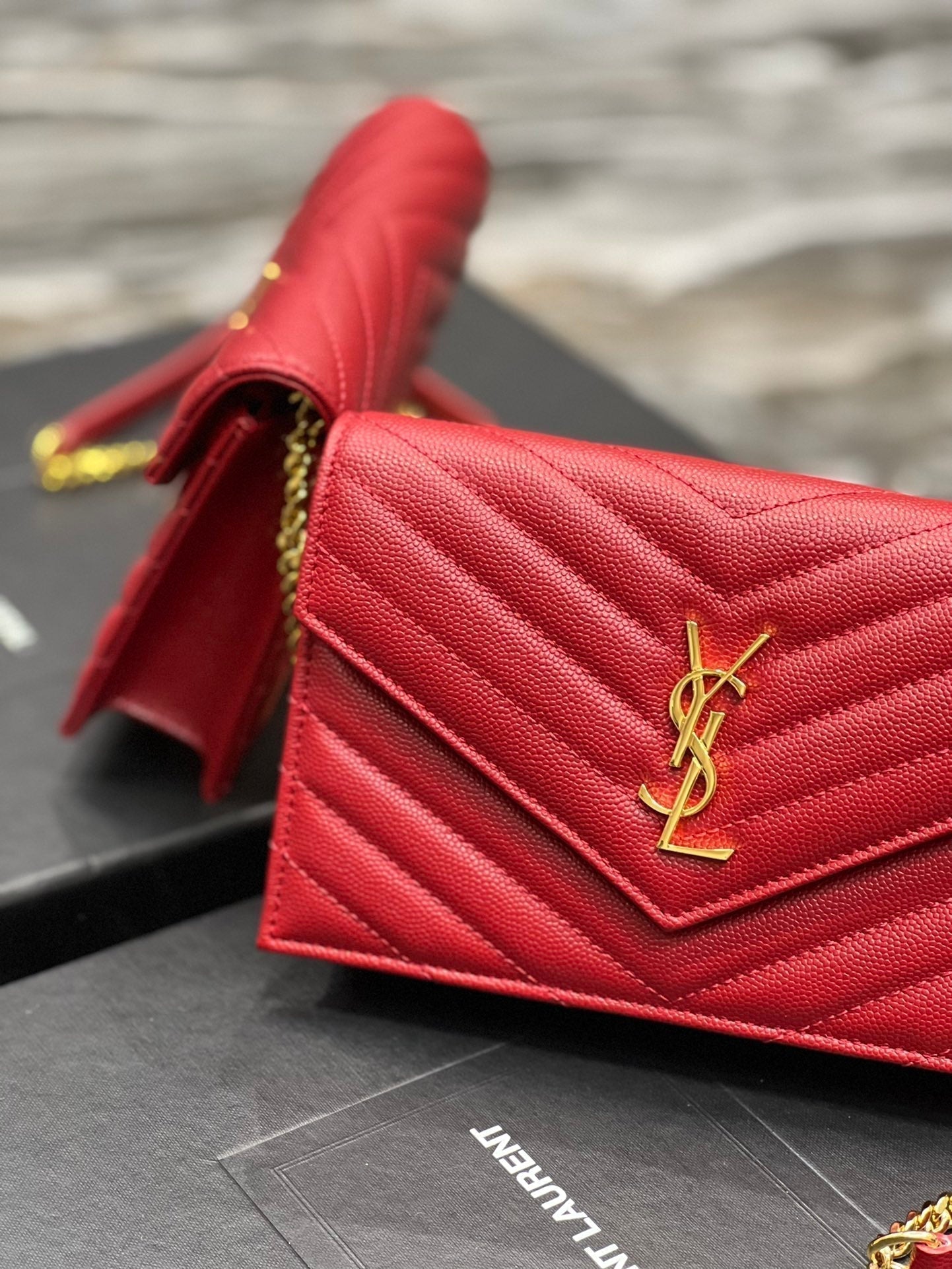SAINT LAURENT YL WOC 19 RED CHEVERON CAVIAR GOLD HARDWARE