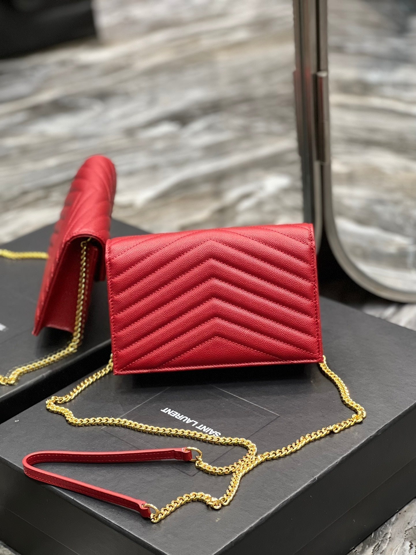 SAINT LAURENT YL WOC 19 RED CHEVERON CAVIAR GOLD HARDWARE