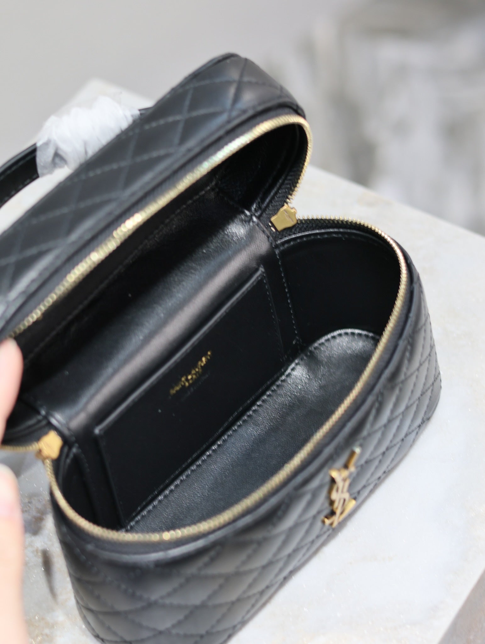 SAINT LAURENT GABY MINI VANITY 18 IN BLACK QUILTED LAMBSKIN GOLD HARDWARE