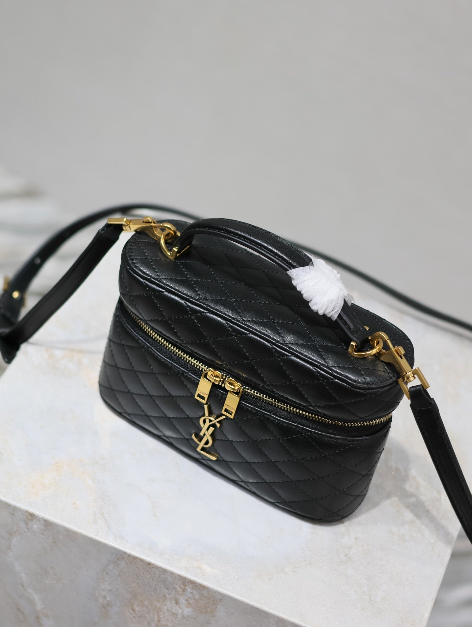 SAINT LAURENT GABY MINI VANITY 18 IN BLACK QUILTED LAMBSKIN GOLD HARDWARE
