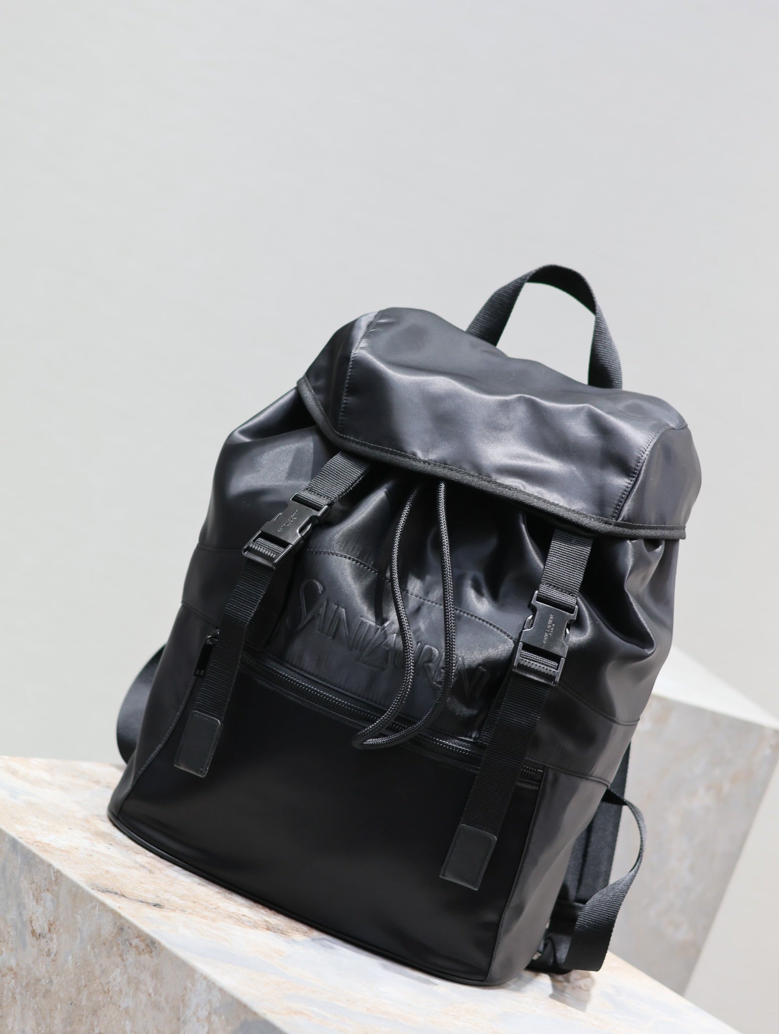 SAINT LAURENT WATERPROOF BACKPACK 45 IN BLACK NYLON WITH EMBOSSED LOGO