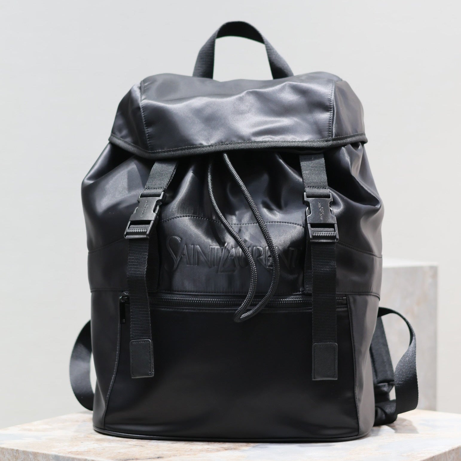 SAINT LAURENT WATERPROOF BACKPACK 45 IN BLACK NYLON WITH EMBOSSED LOGO