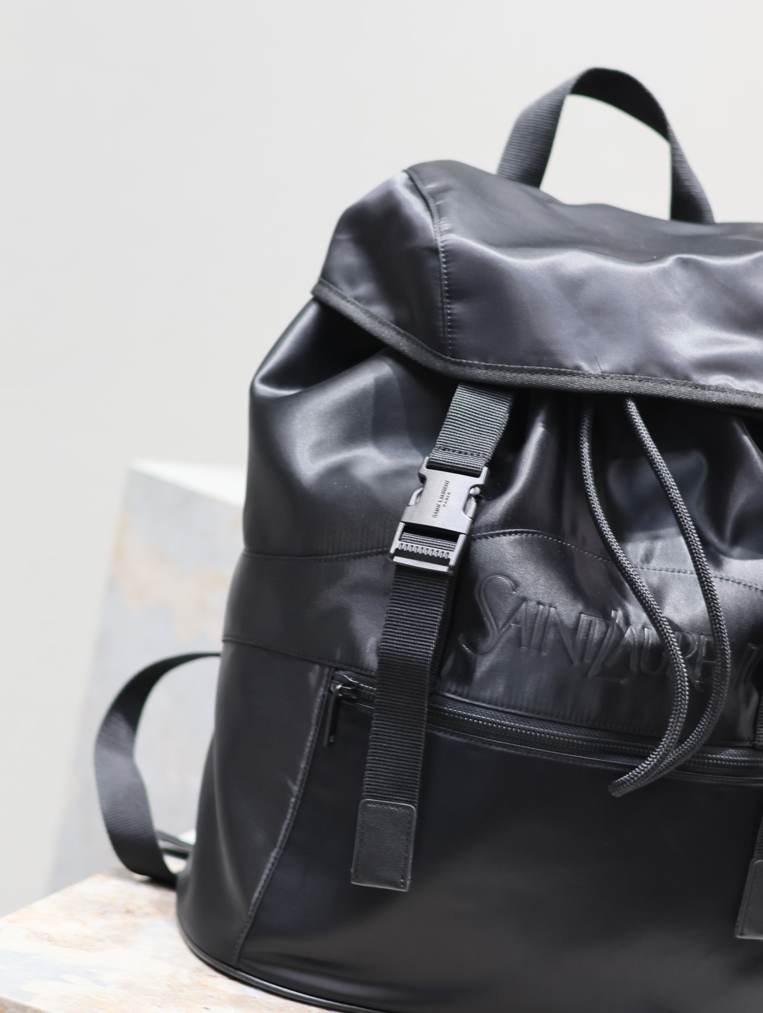 SAINT LAURENT WATERPROOF BACKPACK 45 IN BLACK NYLON WITH EMBOSSED LOGO
