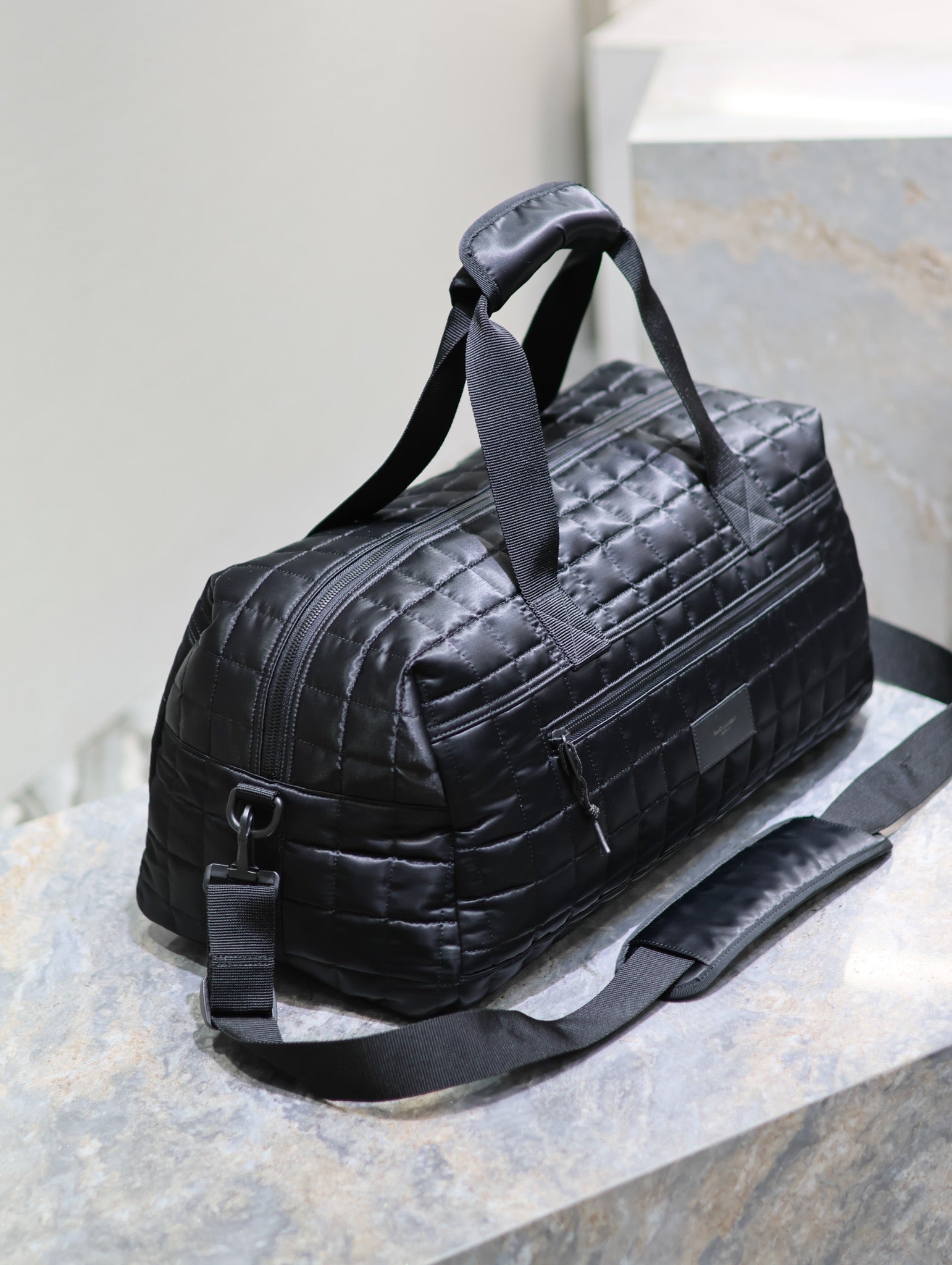 SAINT LAURENT TRAVEL TOTE BAG 50 IN BLACK PLAID NYLON