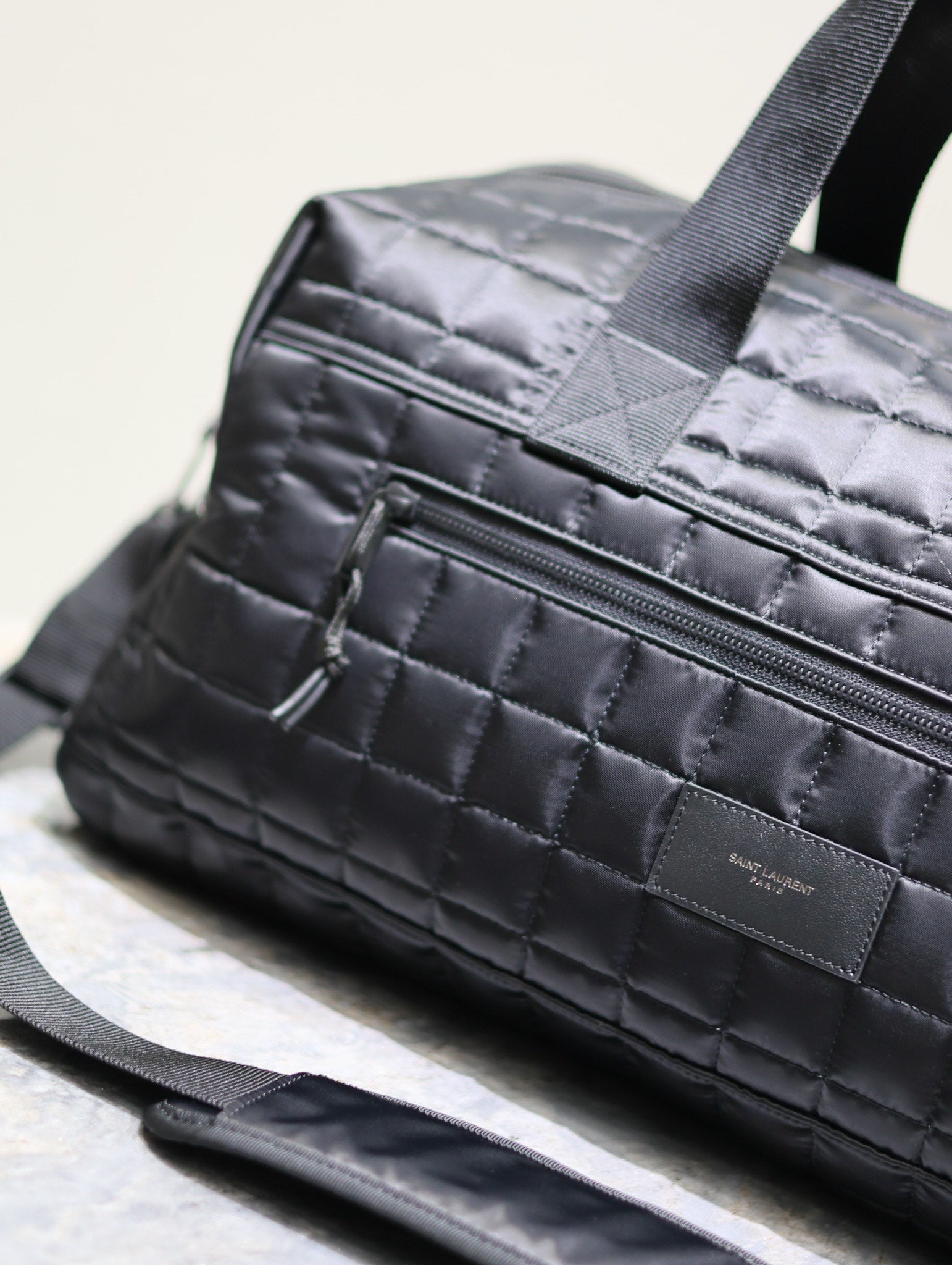 SAINT LAURENT TRAVEL TOTE BAG 50 IN BLACK PLAID NYLON