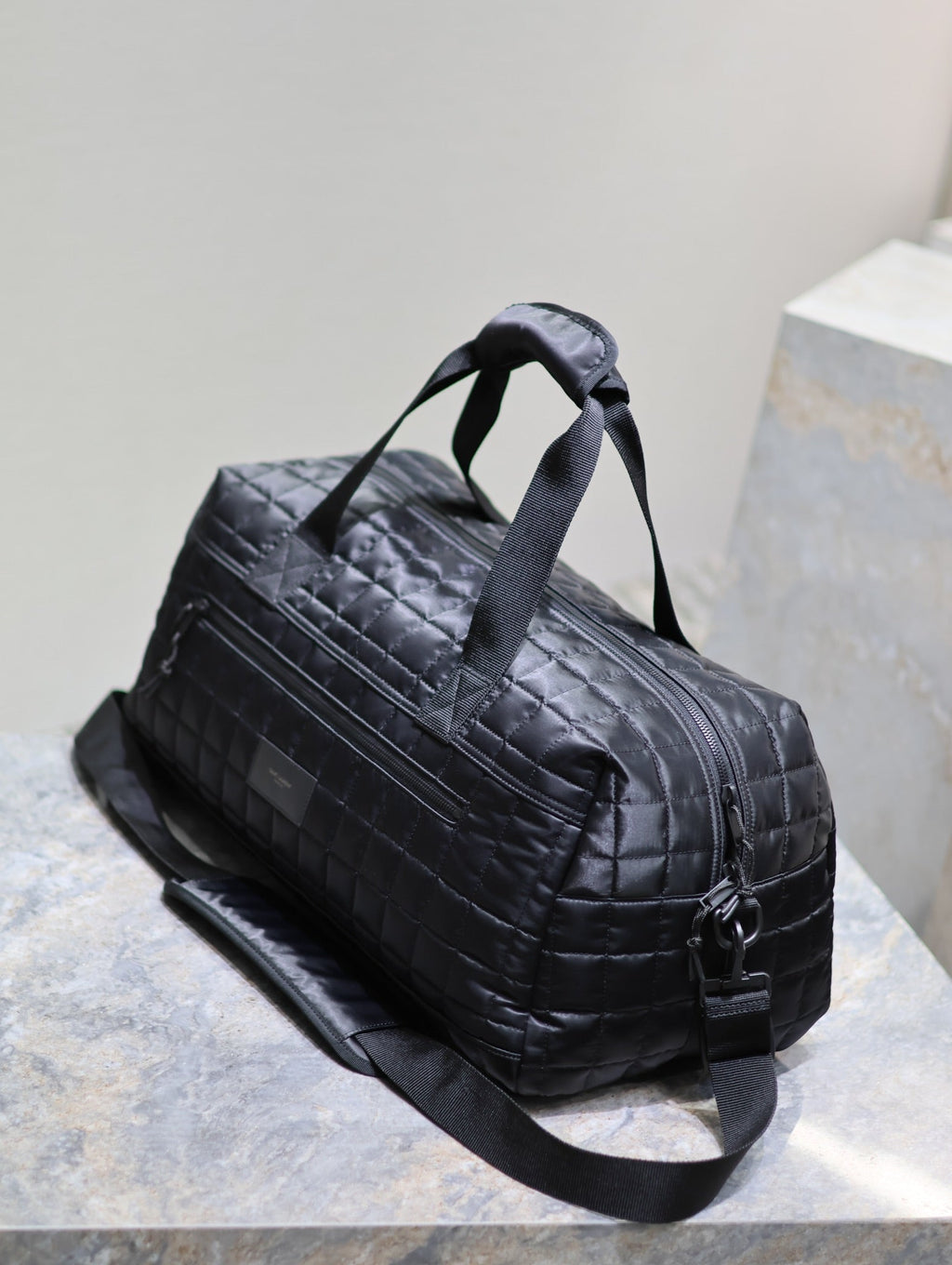 SAINT LAURENT TRAVEL TOTE BAG 50 IN BLACK PLAID NYLON