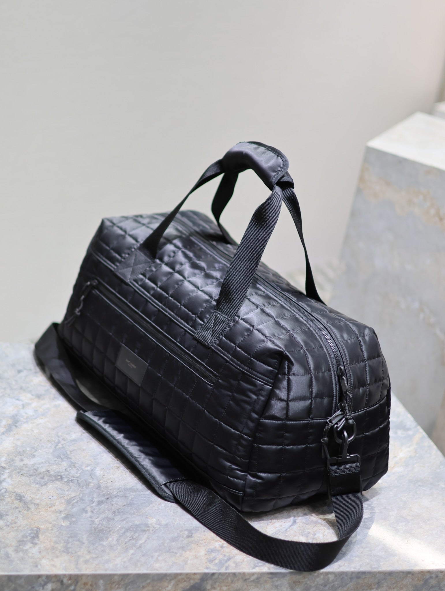 SAINT LAURENT TRAVEL TOTE BAG 50 IN BLACK PLAID NYLON