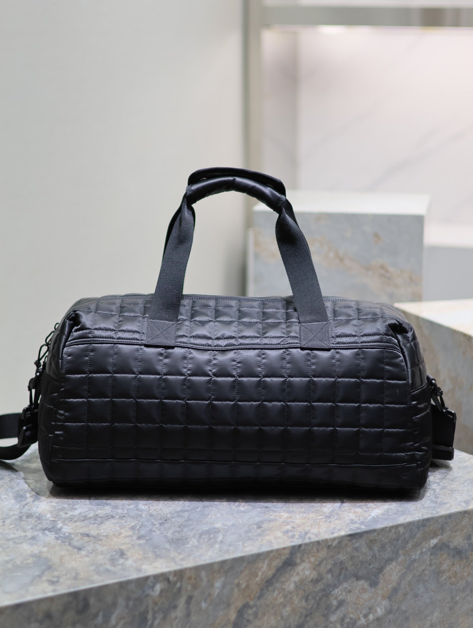 SAINT LAURENT TRAVEL TOTE BAG 50 IN BLACK PLAID NYLON