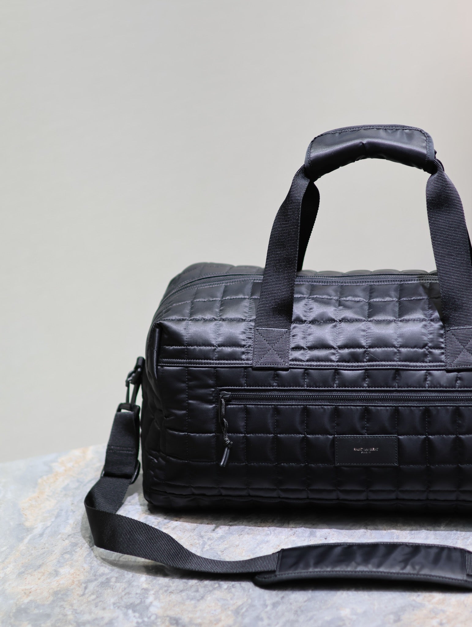 SAINT LAURENT TRAVEL TOTE BAG 50 IN BLACK PLAID NYLON