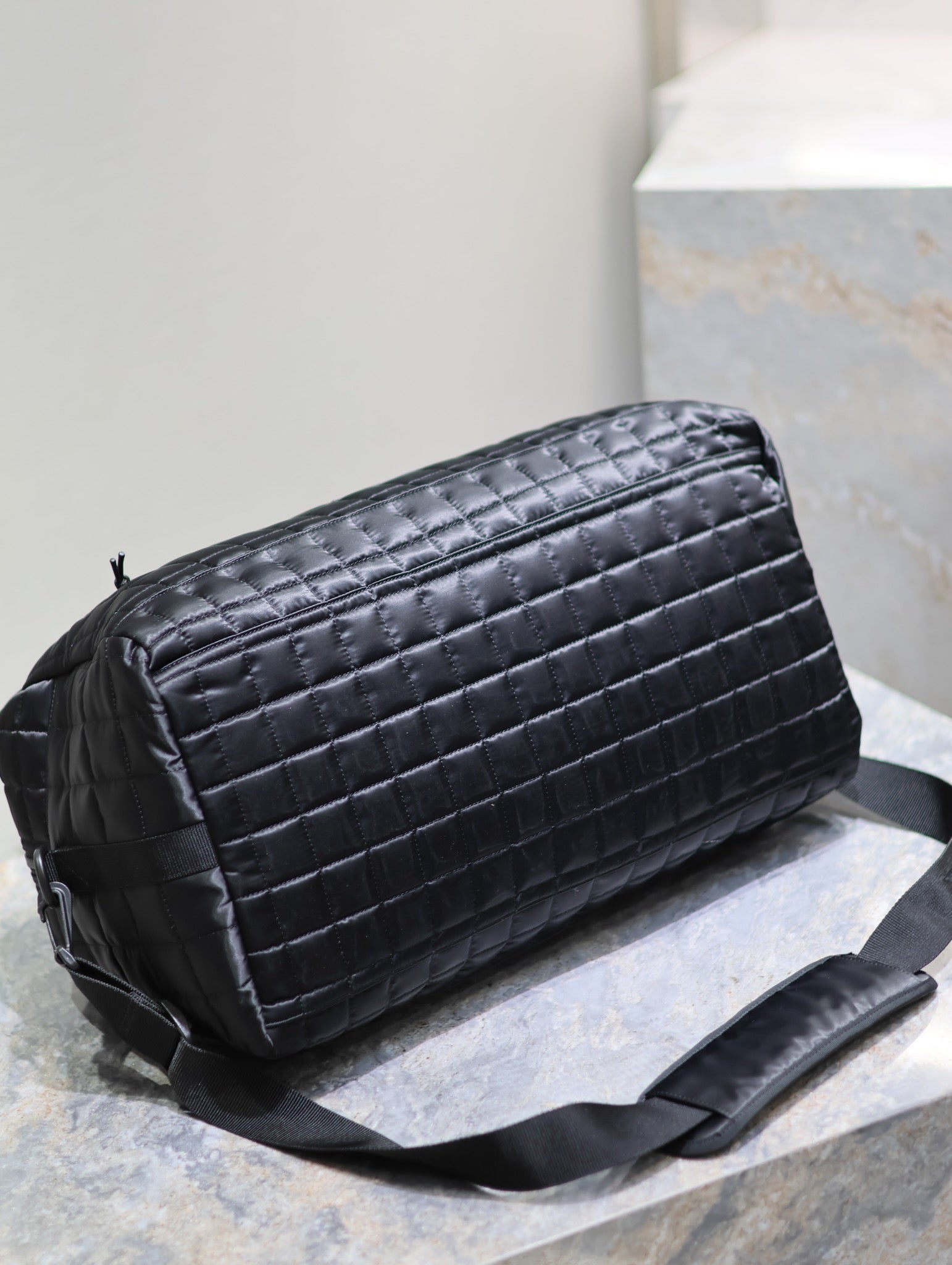 SAINT LAURENT TRAVEL TOTE BAG 50 IN BLACK PLAID NYLON