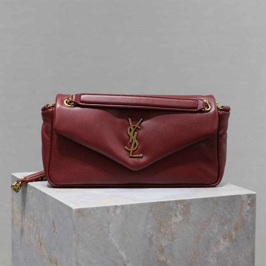 SAINT LAURENT YSL 25S CALYPSO HANDBAG 26 IN BURGUNDY LAMBSKIN GOLD HARDWRE