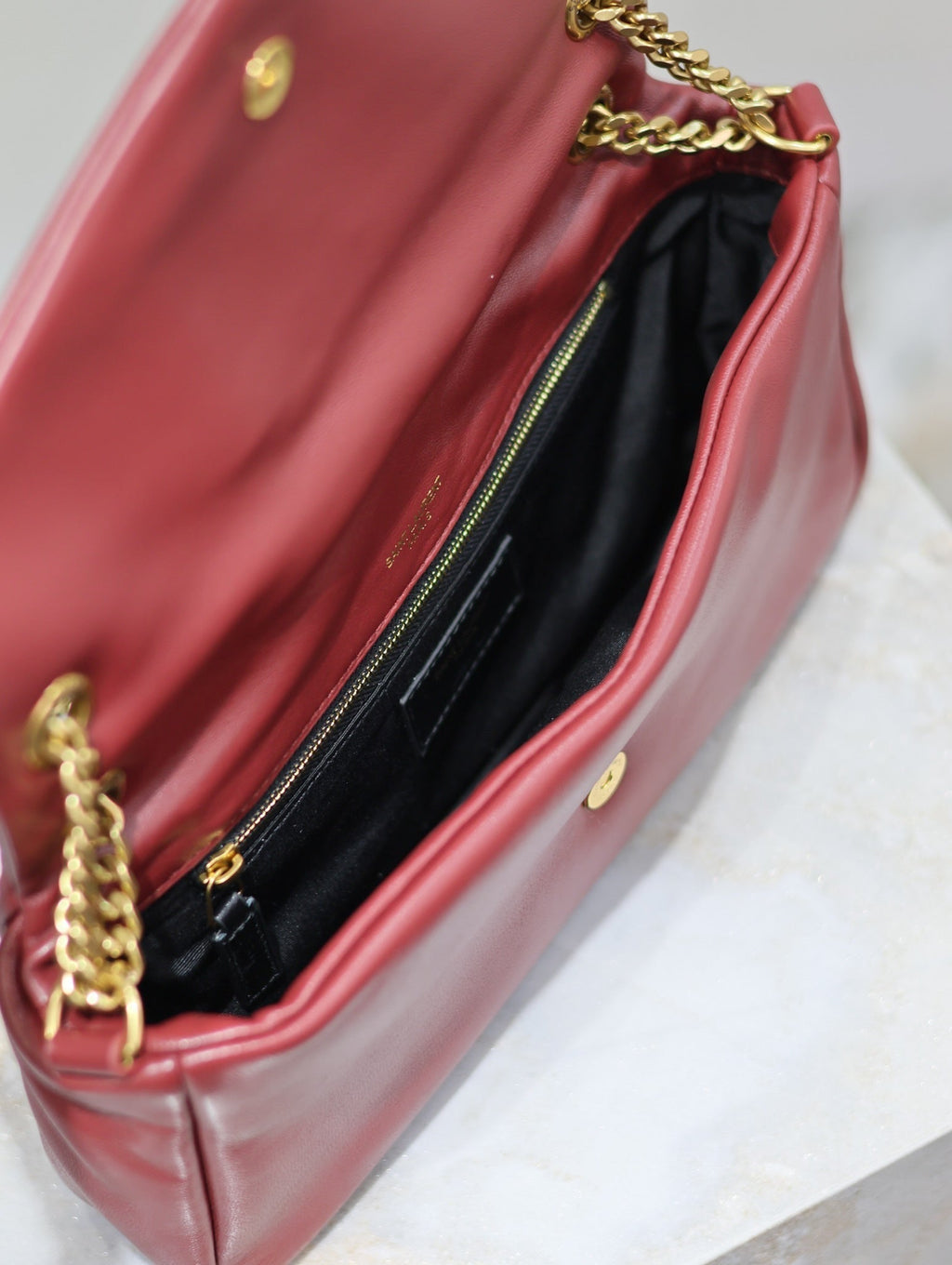 SAINT LAURENT YSL 25S CALYPSO HANDBAG 26 IN BURGUNDY LAMBSKIN GOLD HARDWRE
