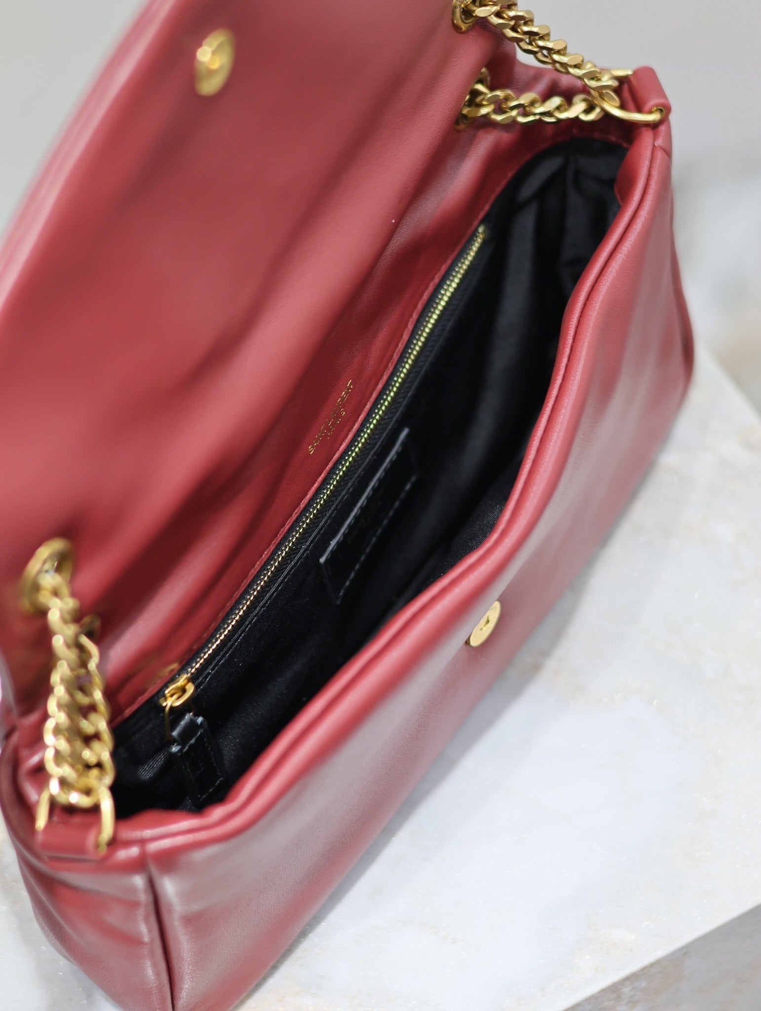 SAINT LAURENT YSL 25S CALYPSO HANDBAG 26 IN BURGUNDY LAMBSKIN GOLD HARDWRE