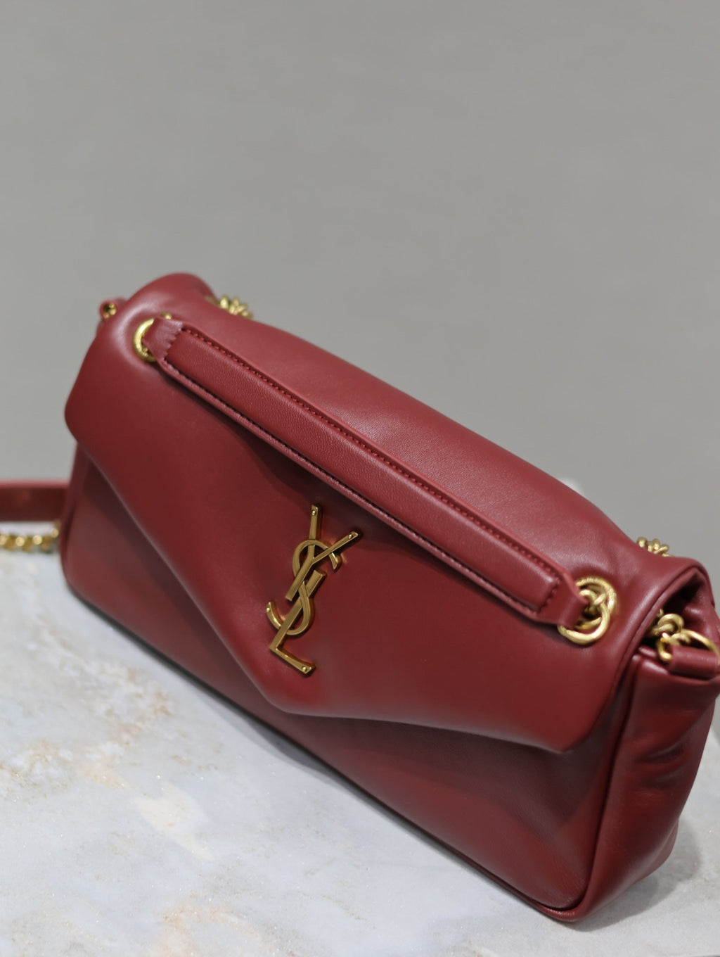 SAINT LAURENT YSL 25S CALYPSO HANDBAG 26 IN BURGUNDY LAMBSKIN GOLD HARDWARE