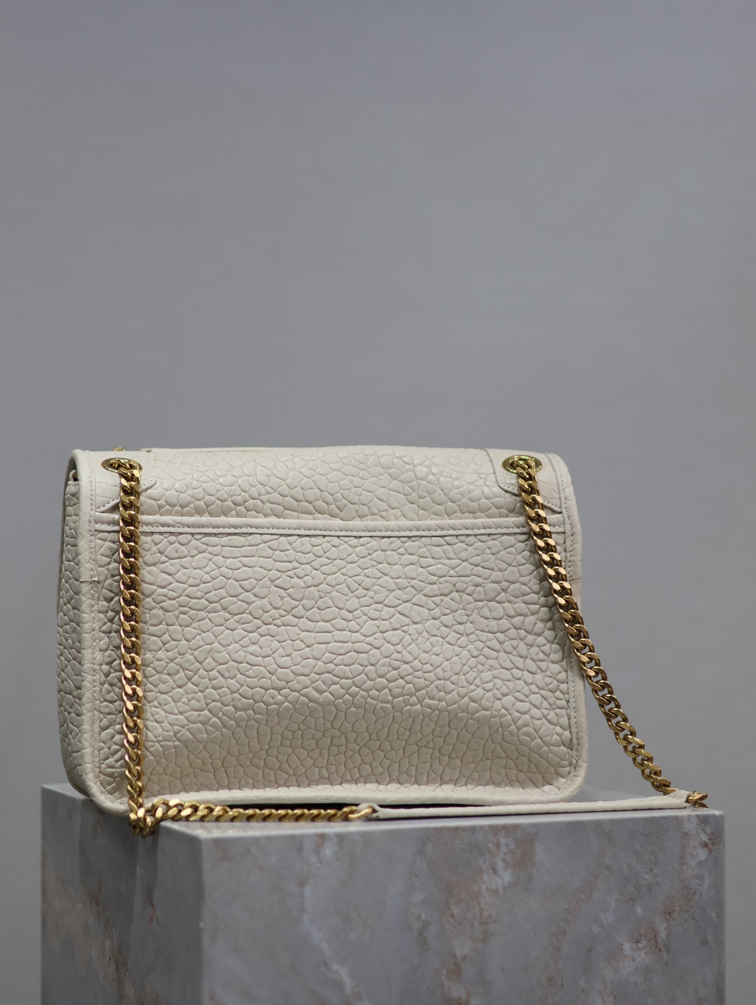 SAINT LAURENT NIKI MEDIUM 28 IN WHITE ELEPHANT PATTERN LAMBSKIN GOLD LOGO