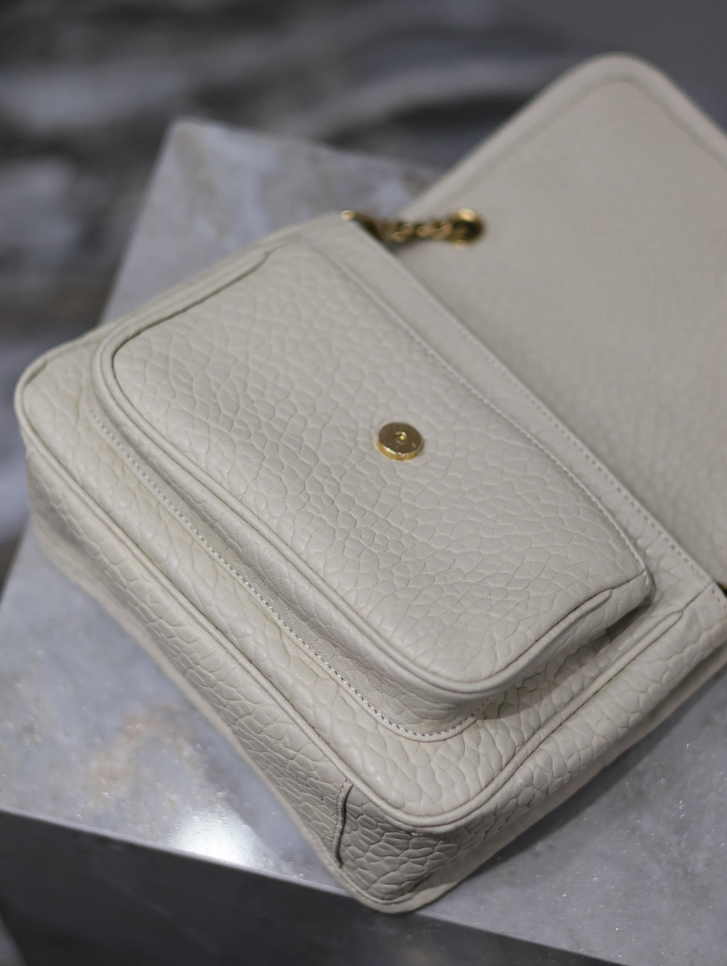SAINT LAURENT NIKI BABY 22 IN WHITE ELEPHANT PATTERN LAMBSKIN GOLD LOGO