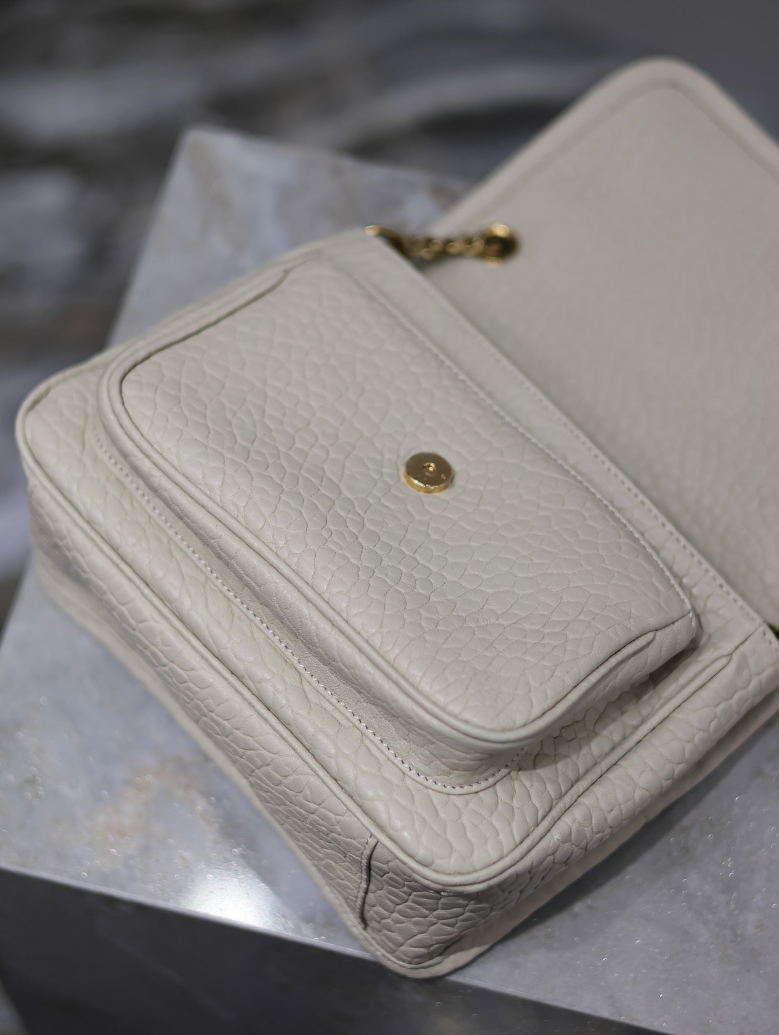 SAINT LAURENT NIKI BABY 22 IN WHITE ELEPHANT PATTERN LAMBSKIN GOLD LOGO