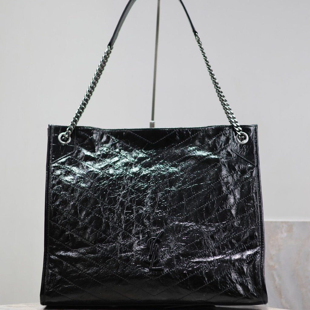 SAINT LAURENT NIKI SHOPPING BAG 39 IN BLACK CRUMPLED CALFSKIN SILVER HARDWARE