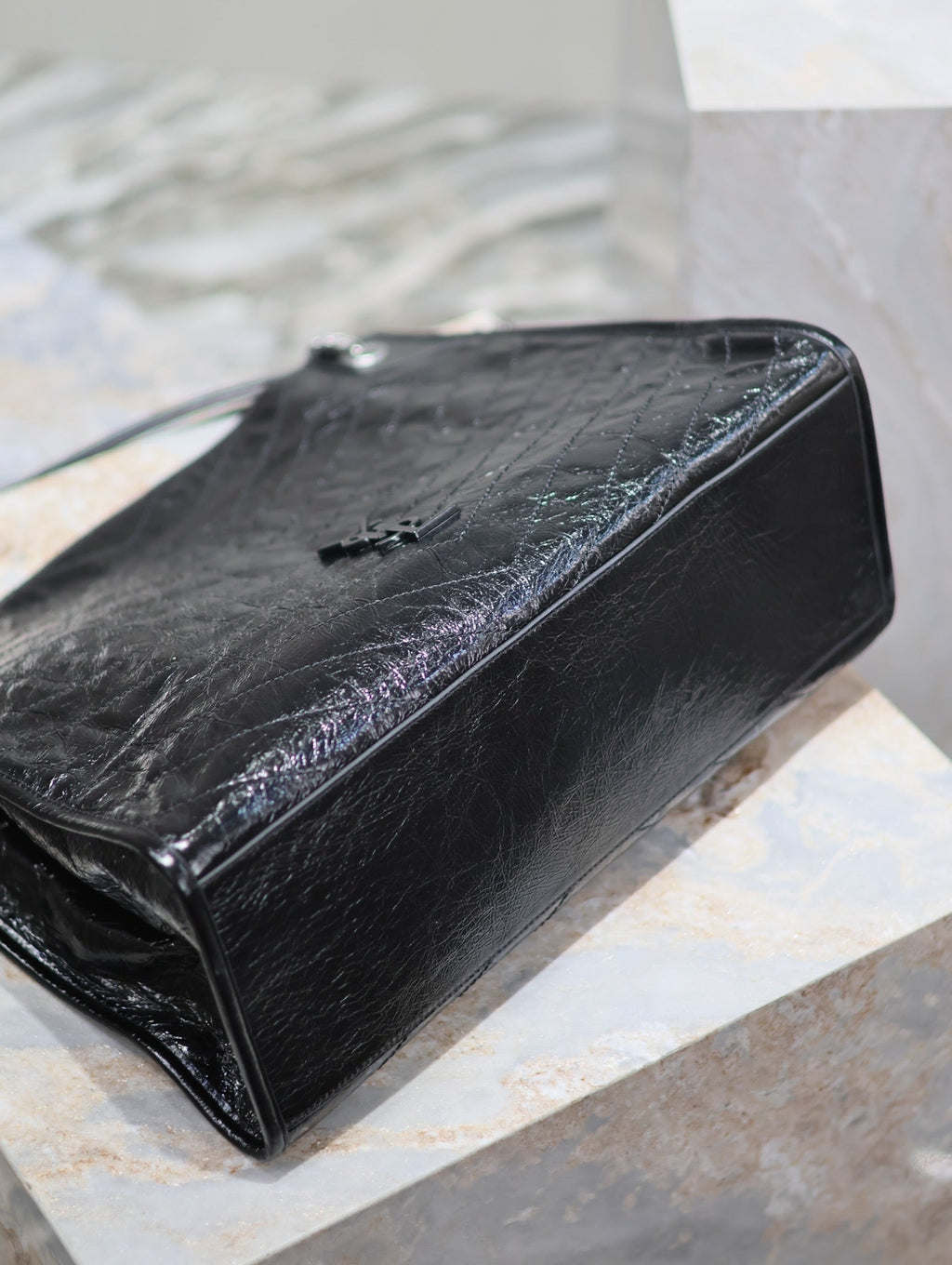 SAINT LAURENT NIKI SHOPPING BAG 39 IN BLACK CRUMPLED CALFSKIN SILVER HARDWARE