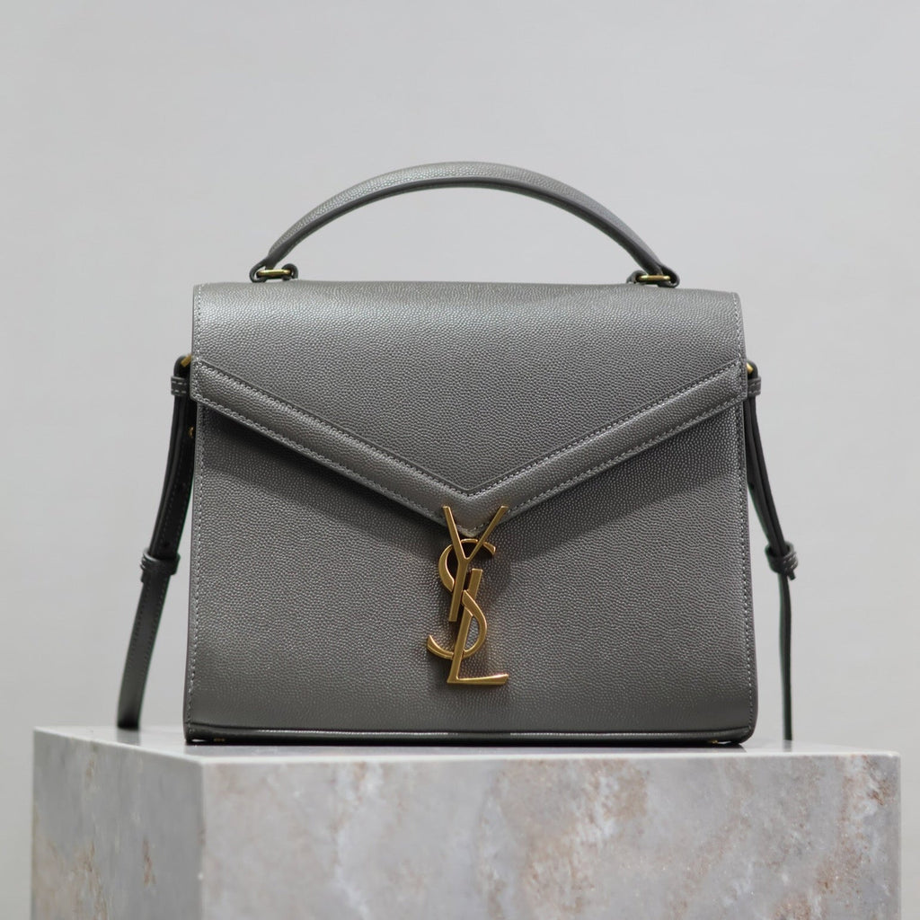 SAINT LAURENT CASSANDRA TOP HANDLE BAG 24 IN GRAY CALFSKIN GOLD HARDWARE