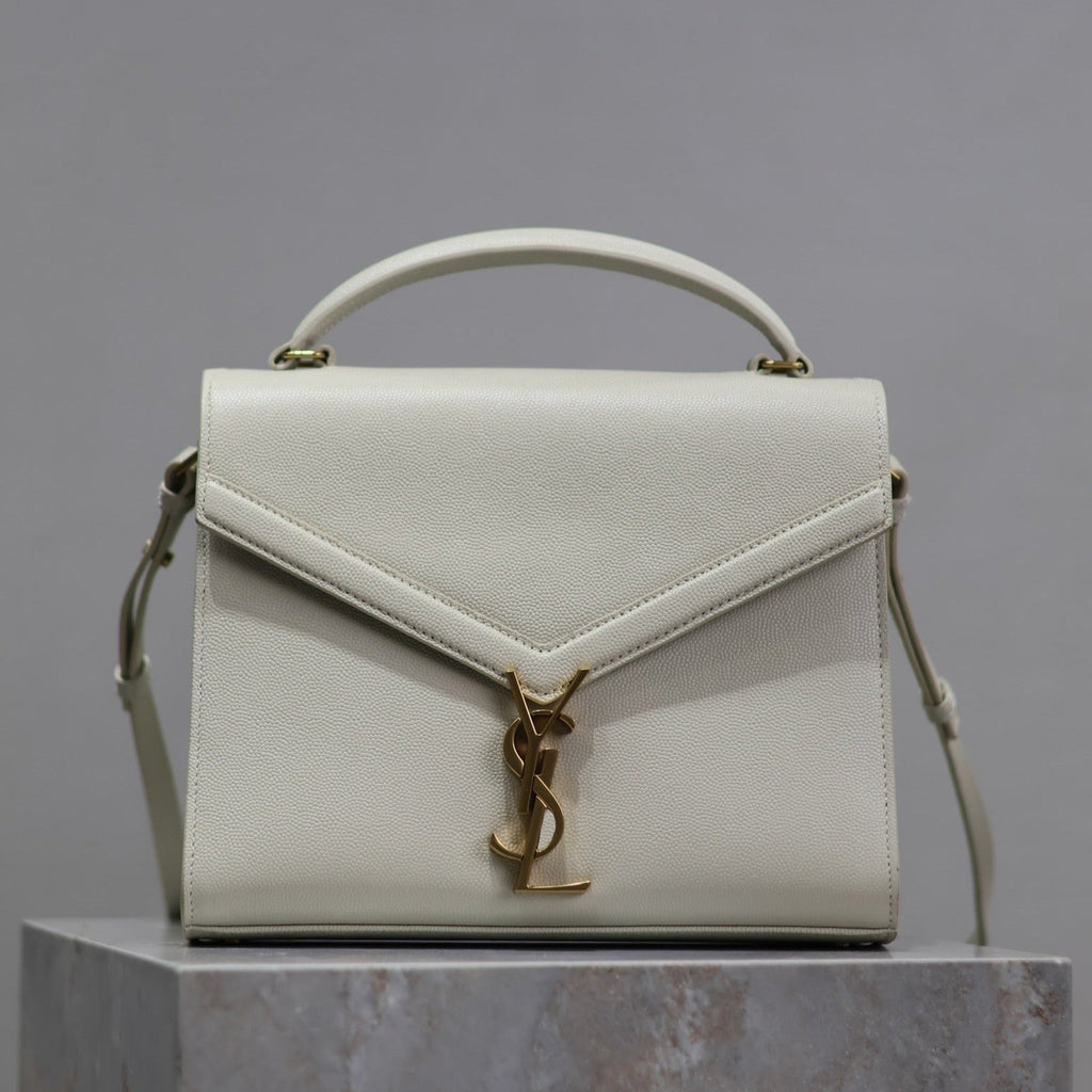 SAINT LAURENT CASSANDRA TOP HANDLE BAG 24 IN WHITE CALFSKIN GOLD HARDWARE